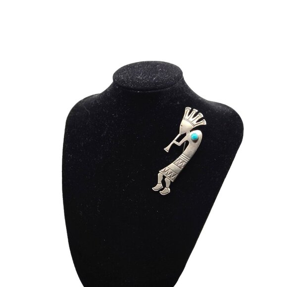 Vintage Sterling Silver Turquoise Kokopelli Brooch Indigenous 3" EP Marked - Picture 3 of 7